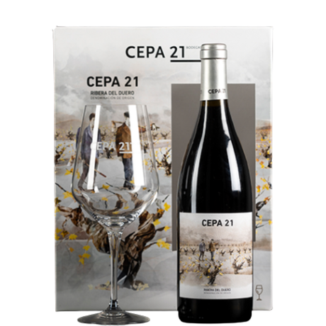 Bottle of Cepa 21 in case with glass