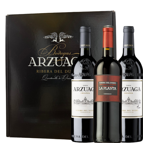 Screen-printed case from Bodegas Arzuaga with 2 bottles of Arzuaga Crianza and 1 bottle of La Planta