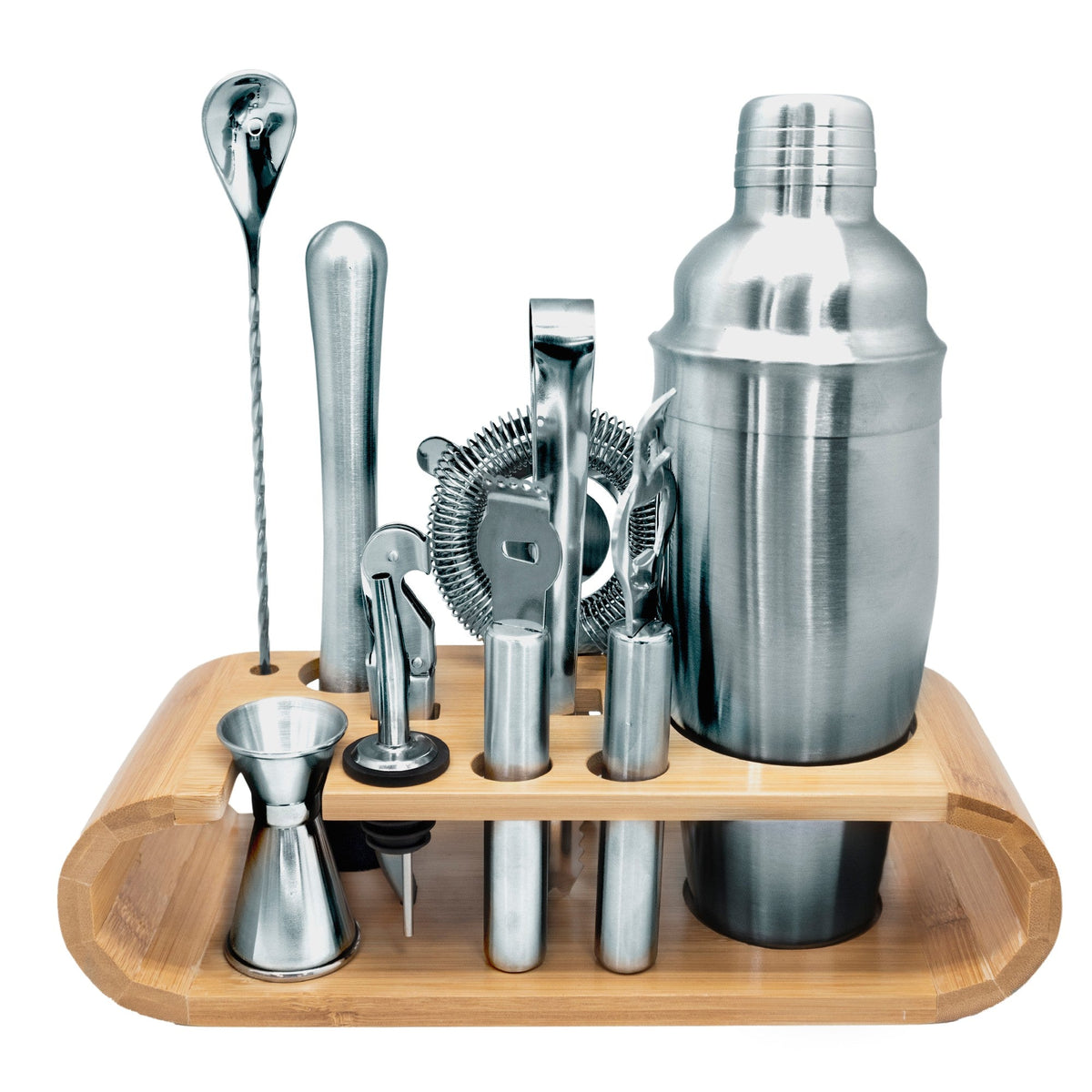 Set de coctelería con base de bambú inox